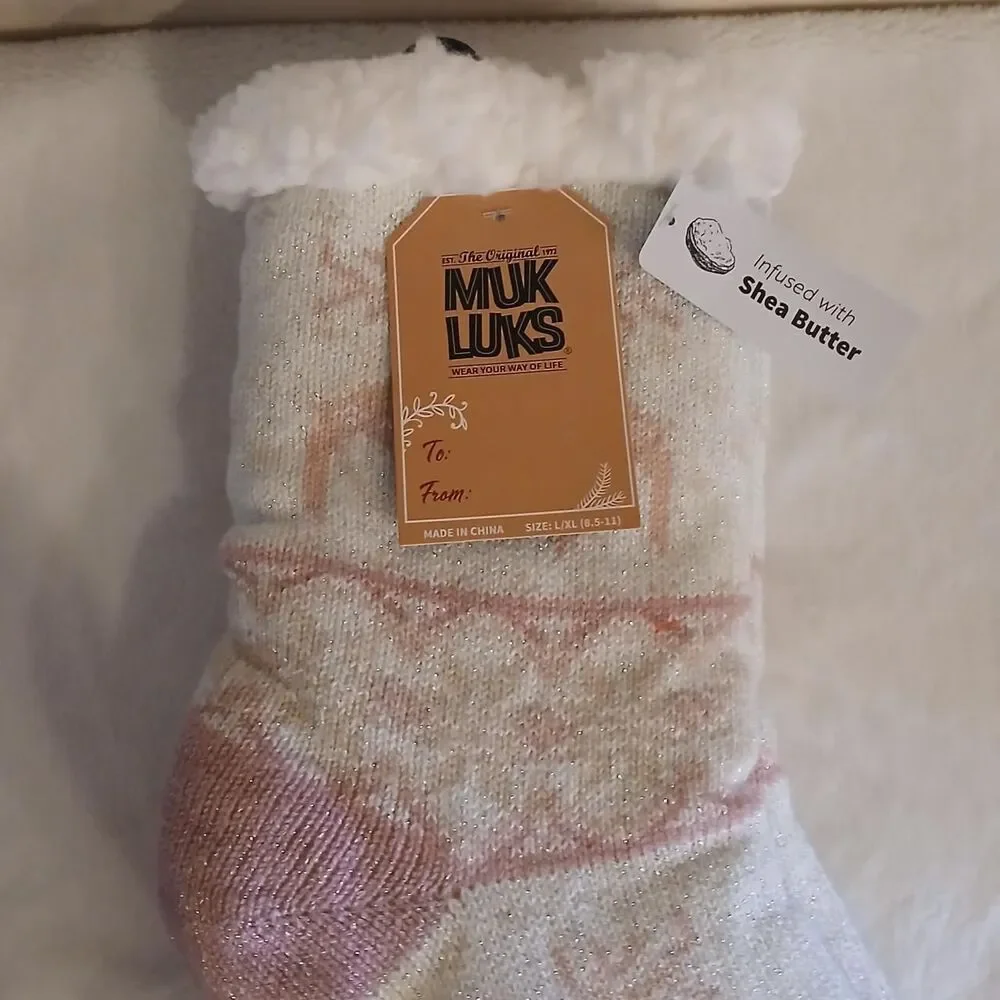 Muk Luks Reindeer Fair Isle Snowflake shea butter infused sherpa slipper socks